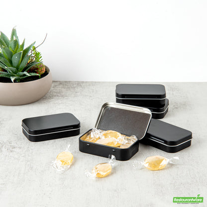 Wholesale Restaurantware RW Base 4 oz Rectangle Black Tin Container - with Hinged Lid- Bulk