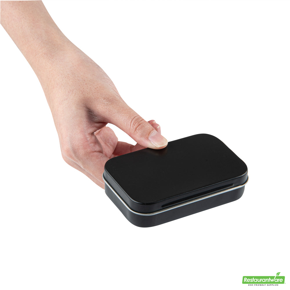 Wholesale Restaurantware RW Base 4 oz Rectangle Black Tin Container - with Hinged Lid- Bulk