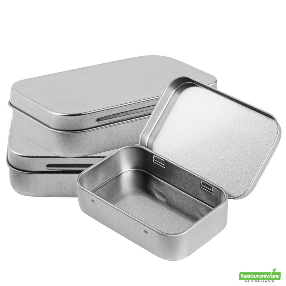 Wholesale Restaurantware RW Base 4 oz Rectangle Silver Tin Container - with Hinged Lid- Bulk