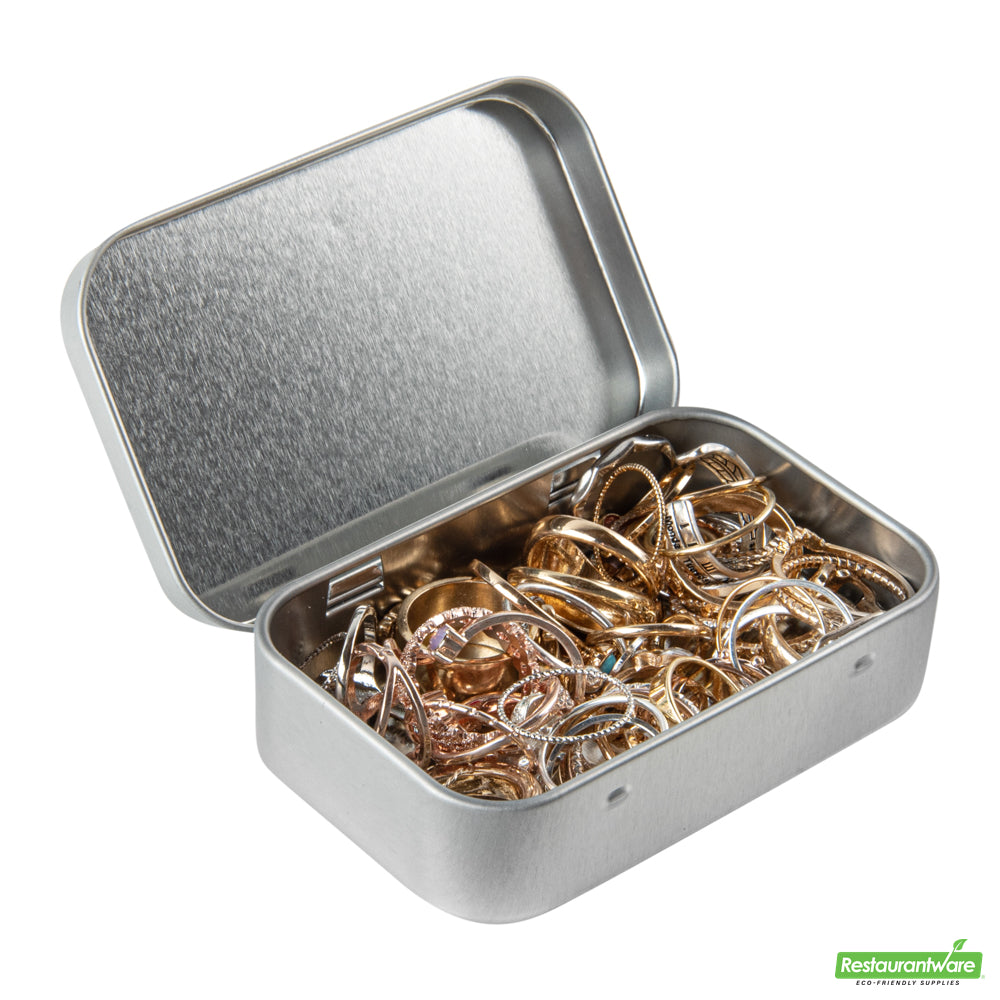 Wholesale Restaurantware RW Base 4 oz Rectangle Silver Tin Container - with Hinged Lid- Bulk