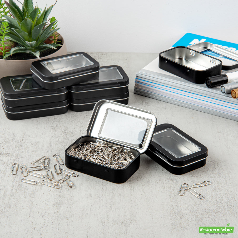 Wholesale Restaurantware RW Base 4 oz Rectangle Black Tin Container - with Window Lid- Bulk