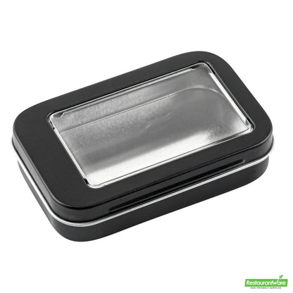 Wholesale Restaurantware RW Base 4 oz Rectangle Black Tin Container - with Window Lid- Bulk