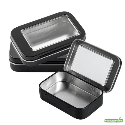 Wholesale Restaurantware RW Base 4 oz Rectangle Black Tin Container - with Window Lid- Bulk
