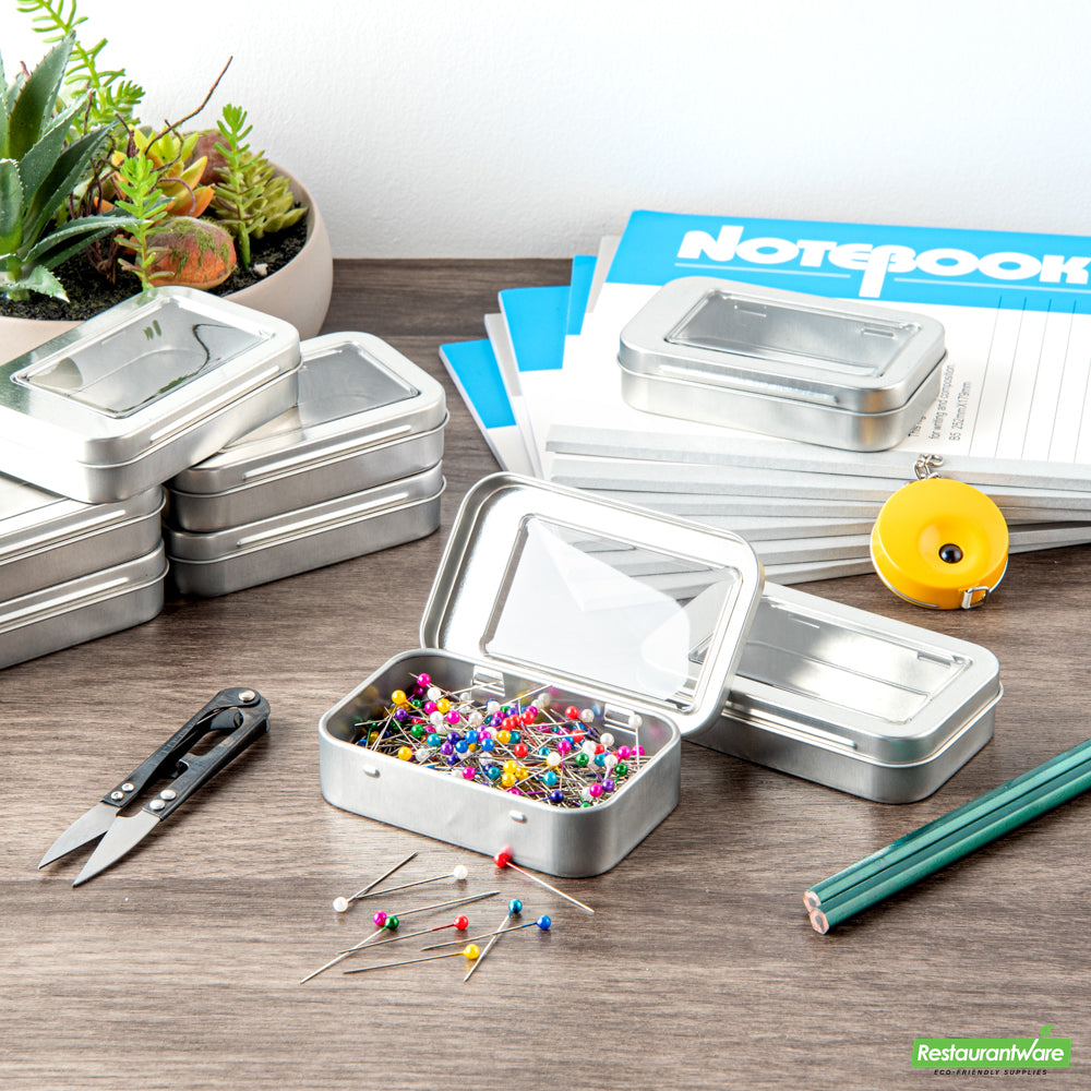 Wholesale Restaurantware RW Base 4 oz Rectangle Silver Tin Container - with Window Lid- Bulk