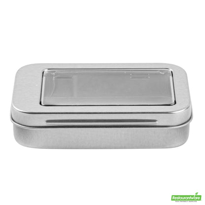 Wholesale Restaurantware RW Base 4 oz Rectangle Silver Tin Container - with Window Lid- Bulk