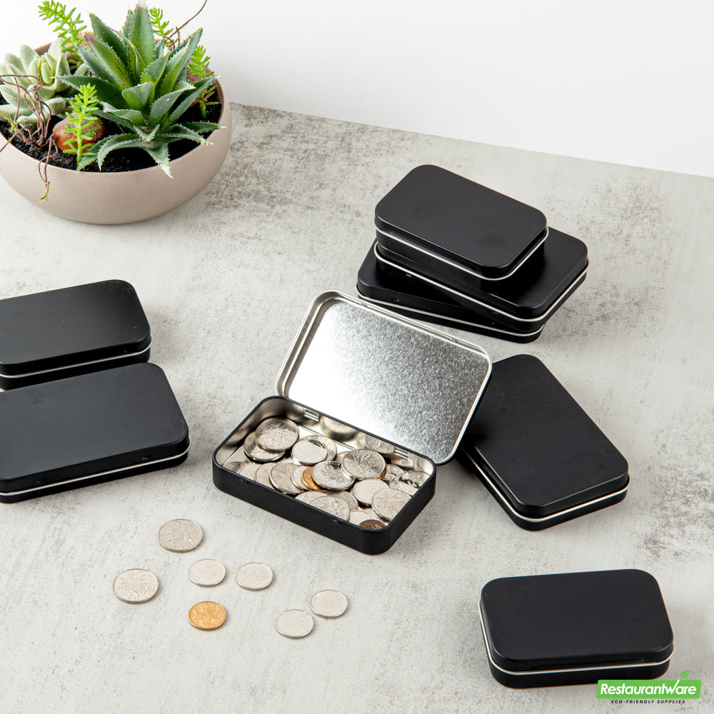 Wholesale Restaurantware RW Base 6 oz Rectangle Black Tin Container - with Hinged Lid- Bulk