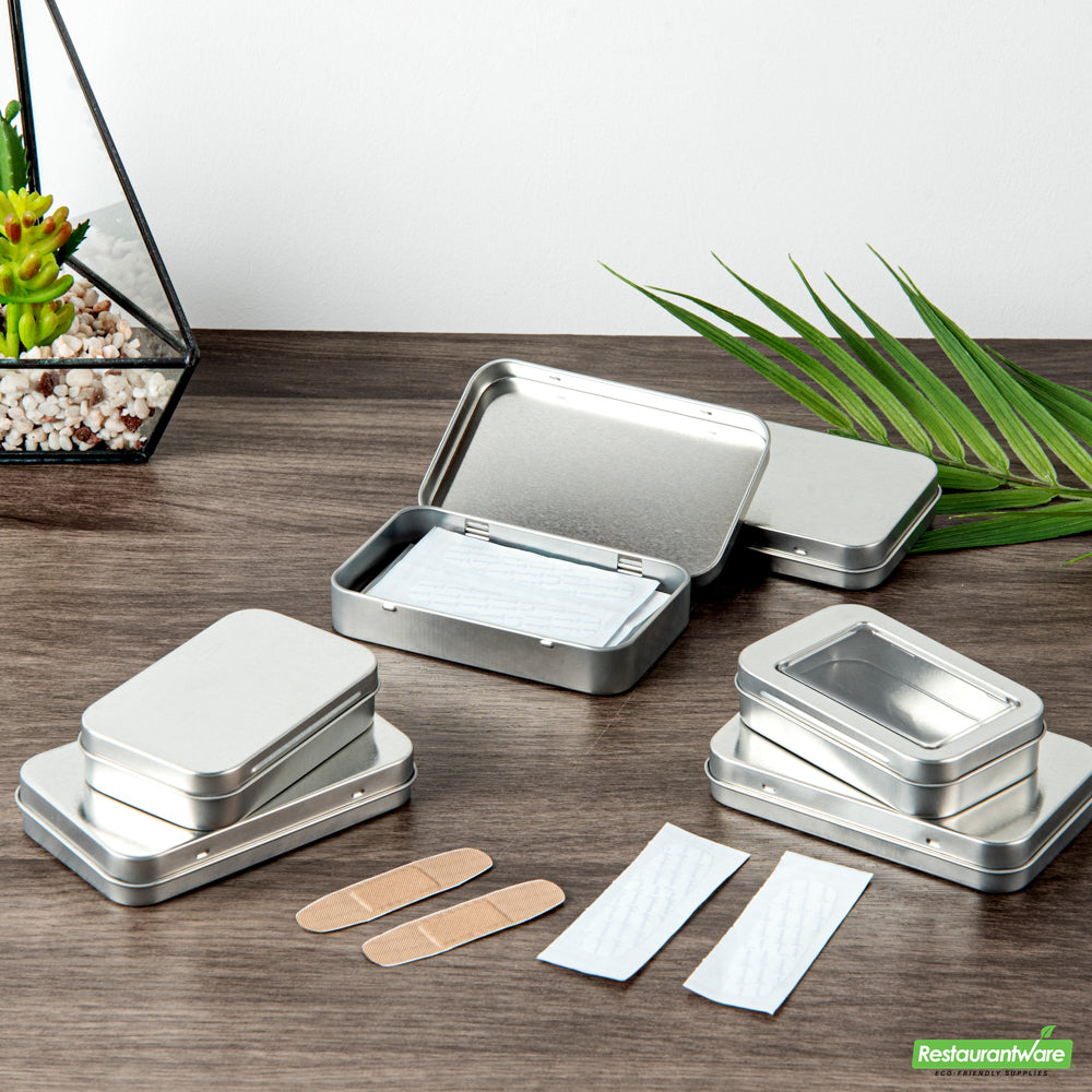 Wholesale Restaurantware RW Base 6 oz Rectangle Silver Tin Container - with Hinged Lid- Bulk