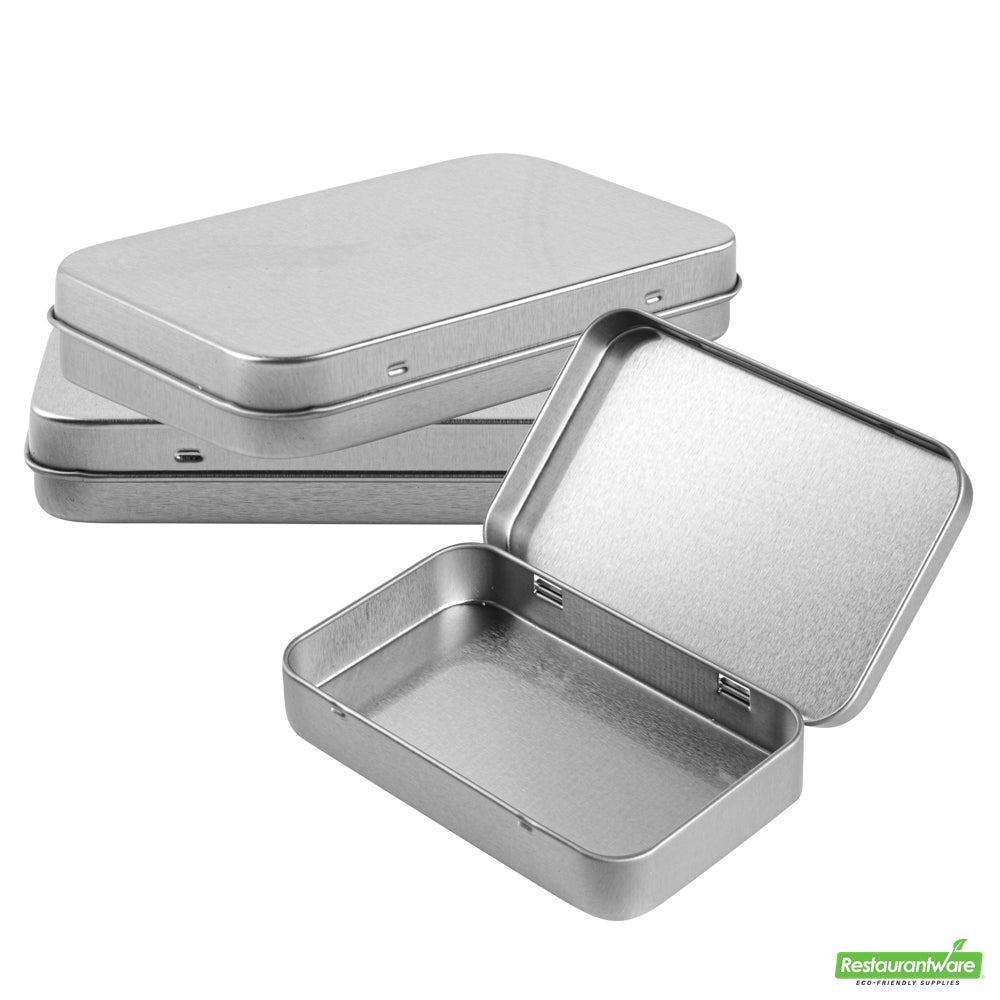 Wholesale Restaurantware RW Base 6 oz Rectangle Silver Tin Container - with Hinged Lid- Bulk