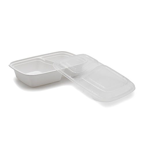 Wholesale Restaurantware Asporto 32 Oz White Plastic 2 Compartment Food Container - with Clear Lid, Microwavable - 8 3/4" X 6" X 2"- Bulk