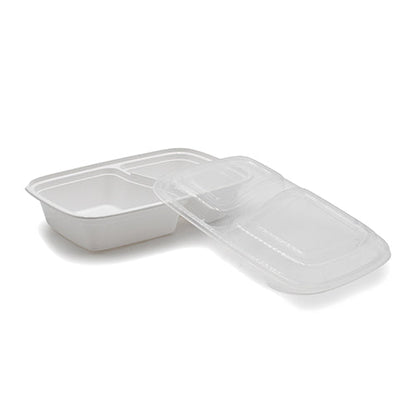 Wholesale Restaurantware Asporto 32 Oz White Plastic 2 Compartment Food Container - with Clear Lid, Microwavable - 8 3/4" X 6" X 2"- Bulk