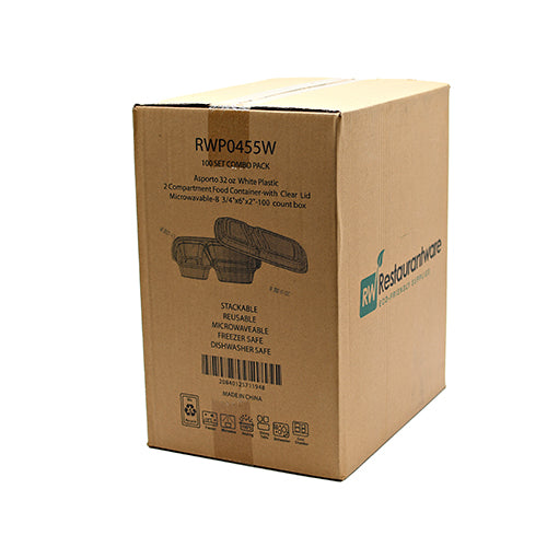 Wholesale Restaurantware Asporto 32 Oz White Plastic 2 Compartment Food Container - with Clear Lid, Microwavable - 8 3/4" X 6" X 2"- Bulk