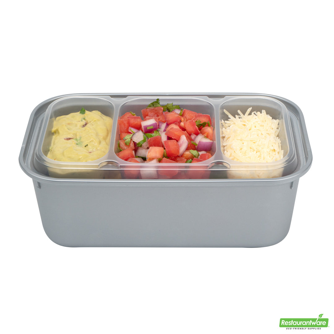 Wholesale Restaurantware Futura 15 oz Clear Plastic Heavy Duty 3-Compartment Insert Tray - Fits 24, 34 and 44 oz Containers, Microwavable- Bulk