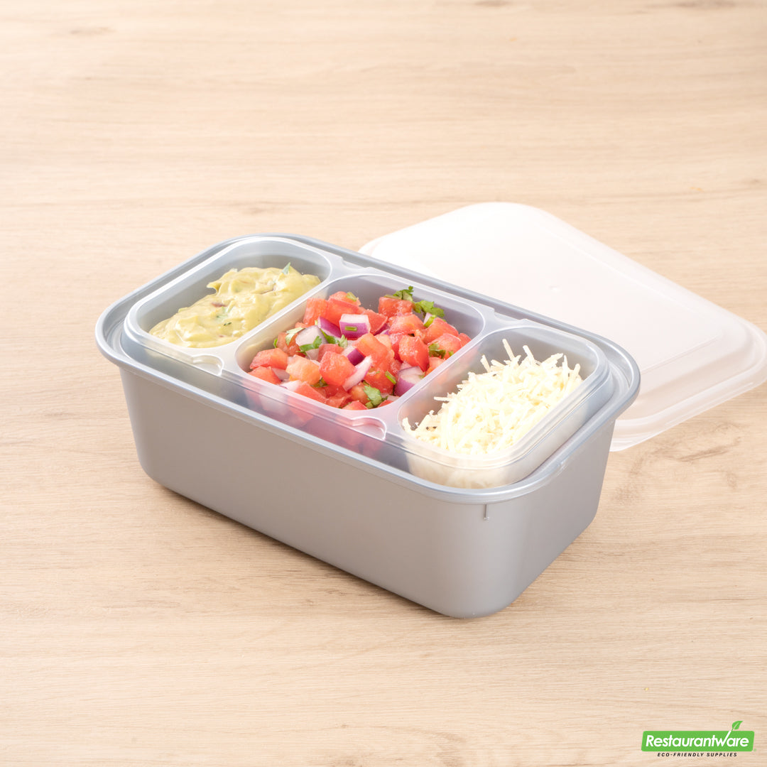 Wholesale Restaurantware Futura 15 oz Clear Plastic Heavy Duty 3-Compartment Insert Tray - Fits 24, 34 and 44 oz Containers, Microwavable- Bulk