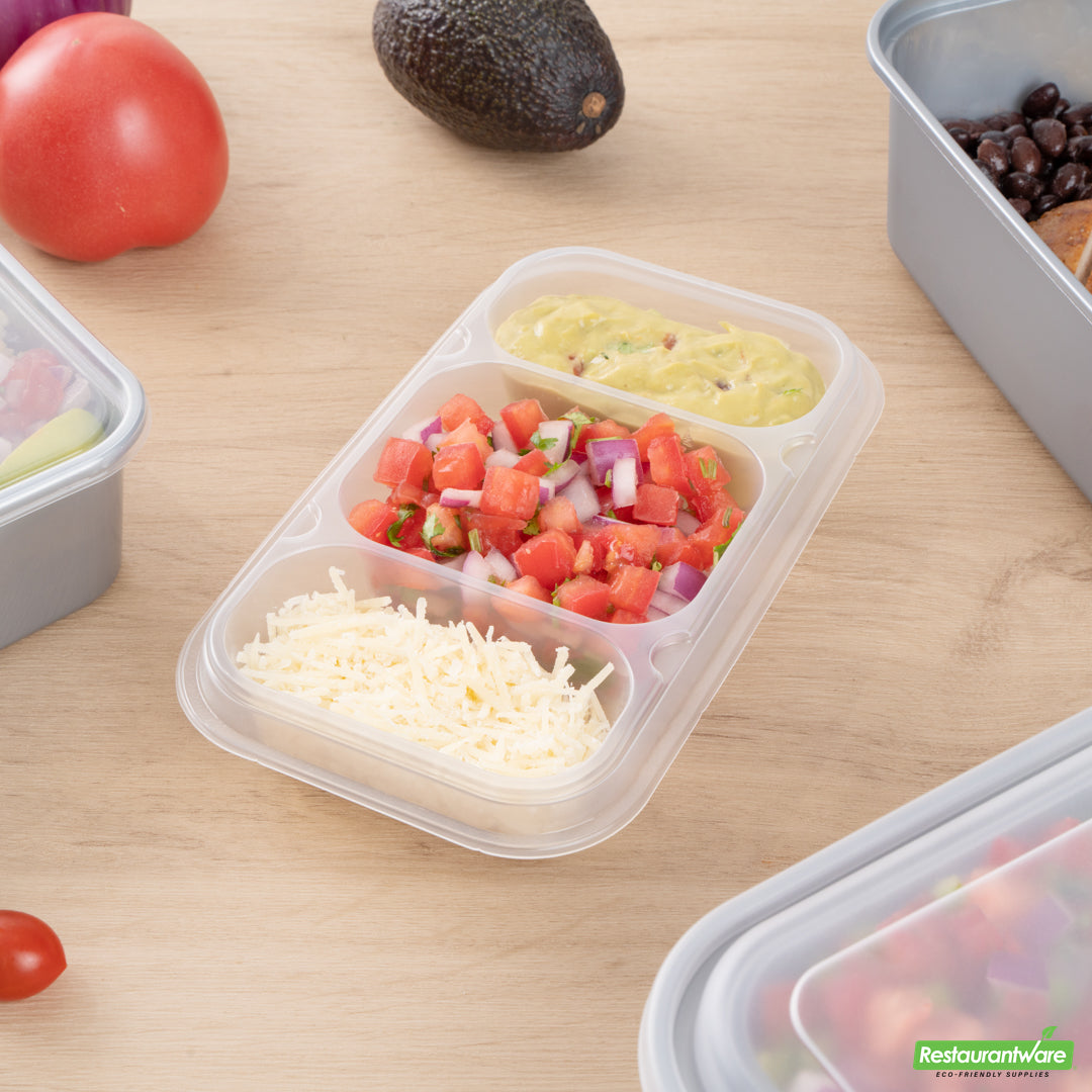 Wholesale Restaurantware Futura 15 oz Clear Plastic Heavy Duty 3-Compartment Insert Tray - Fits 24, 34 and 44 oz Containers, Microwavable- Bulk