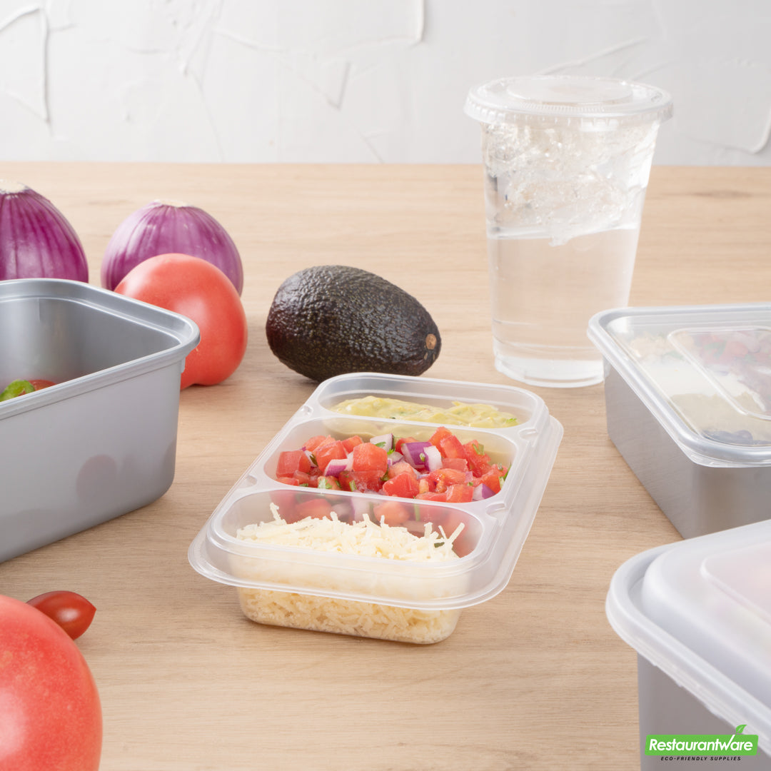 Wholesale Restaurantware Futura 15 oz Clear Plastic Heavy Duty 3-Compartment Insert Tray - Fits 24, 34 and 44 oz Containers, Microwavable- Bulk