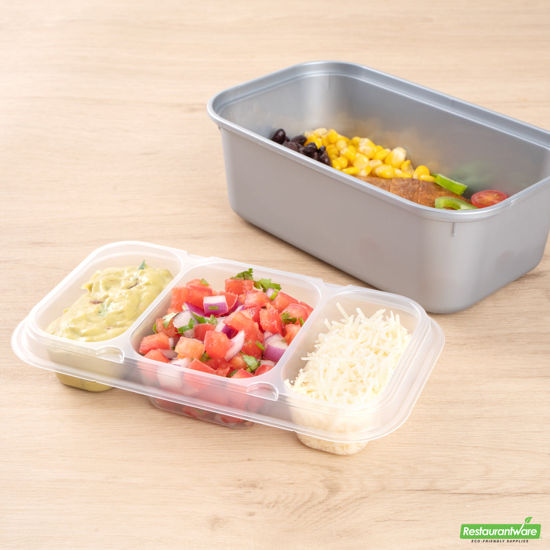 Wholesale Restaurantware Futura 15 oz Clear Plastic Heavy Duty 3-Compartment Insert Tray - Fits 24, 34 and 44 oz Containers, Microwavable- Bulk