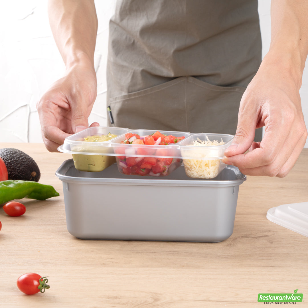 Wholesale Restaurantware Futura 15 oz Clear Plastic Heavy Duty 3-Compartment Insert Tray - Fits 24, 34 and 44 oz Containers, Microwavable- Bulk