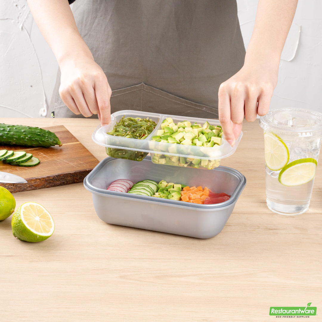 Wholesale Restaurantware Futura 17 oz Clear Plastic 2-Compartment Insert Tray - Fits 46 oz Container, Microwavable- Bulk