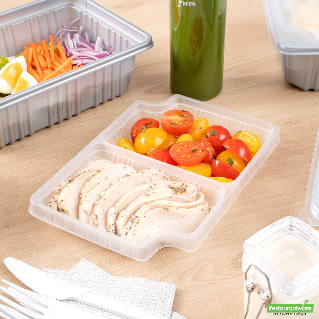 Wholesale Restaurantware Futura 14 oz Clear Plastic 2-Compartment Insert Tray - Fits 34 oz Box, Microwavable- Bulk