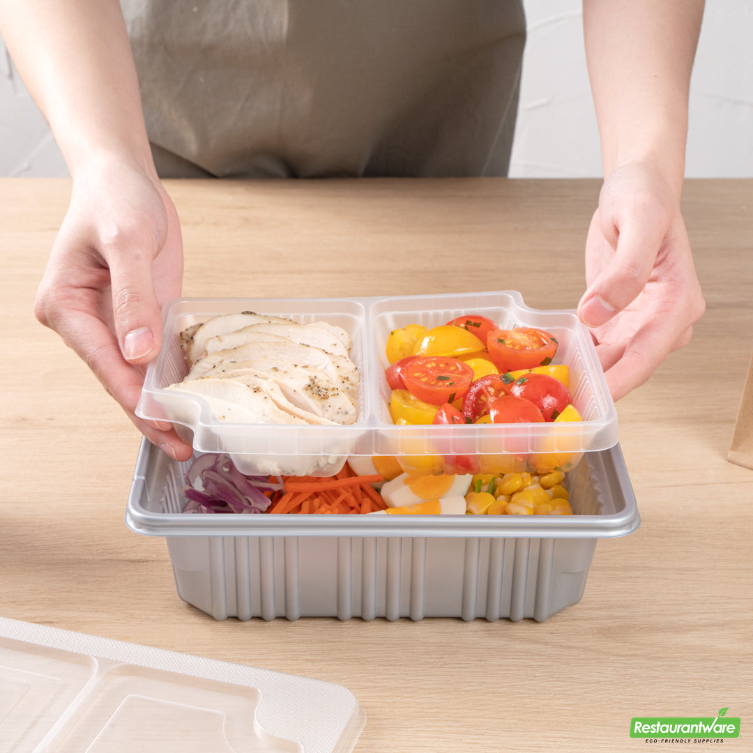 Wholesale Restaurantware Futura 14 oz Clear Plastic 2-Compartment Insert Tray - Fits 34 oz Box, Microwavable- Bulk