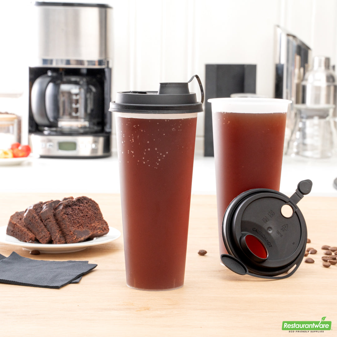 Wholesale Restaurantware Bev Tek Black Plastic 2-in-1 Straw or Sippy Cup Lid - with Two Plugs, Fits 12, 16 and 24 Oz- Bulk