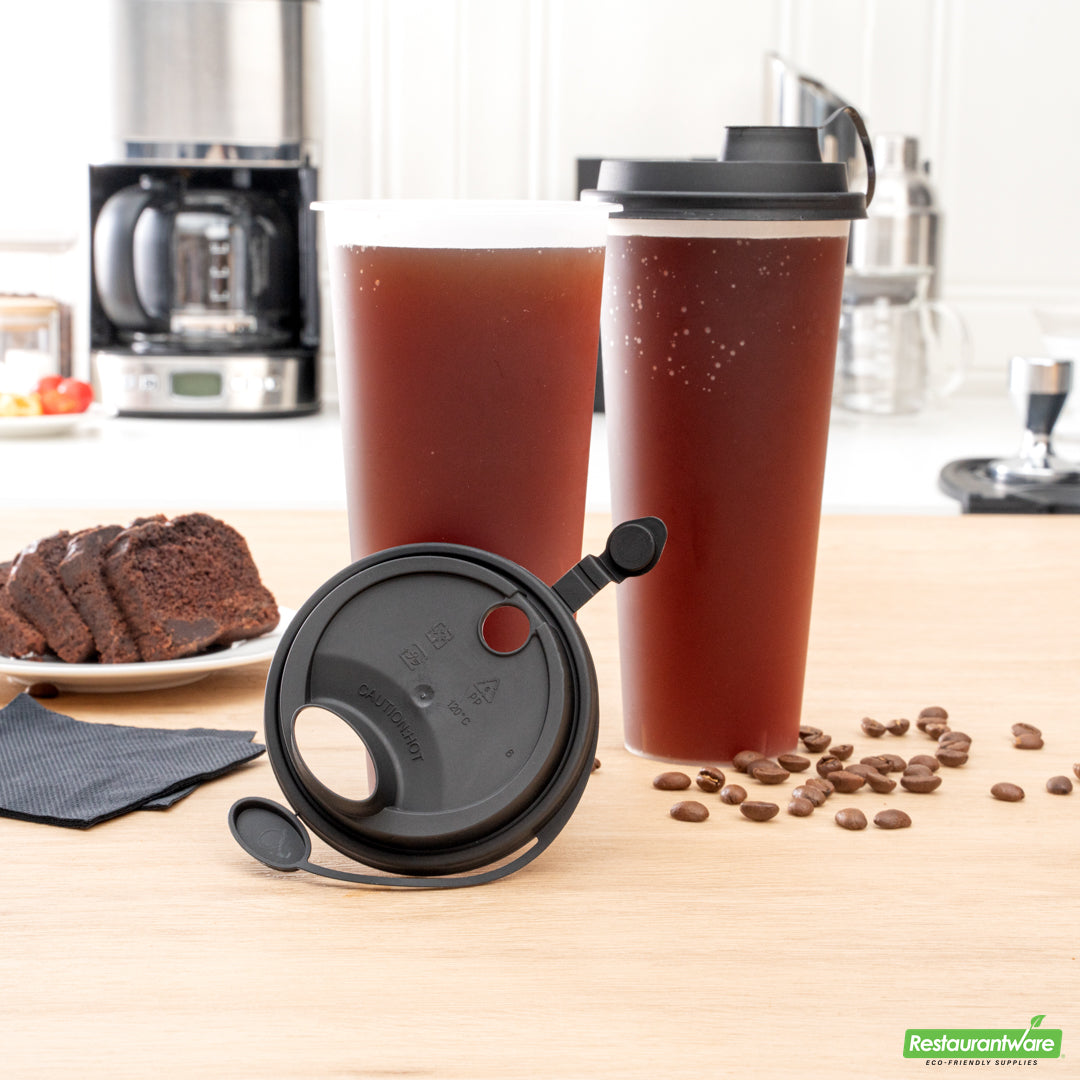 Wholesale Restaurantware Bev Tek Black Plastic 2-in-1 Straw or Sippy Cup Lid - with Two Plugs, Fits 12, 16 and 24 Oz- Bulk