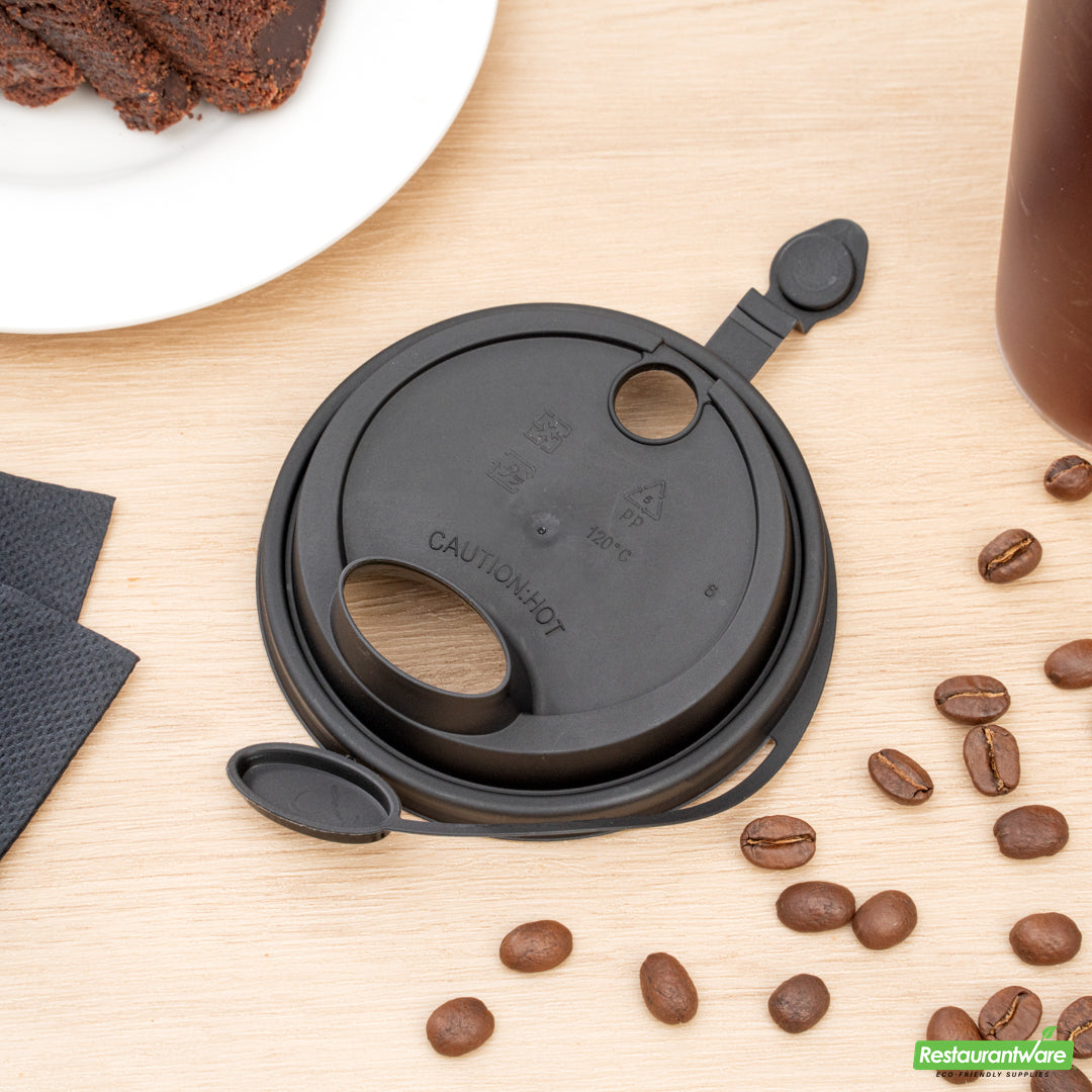 Wholesale Restaurantware Bev Tek Black Plastic 2-in-1 Straw or Sippy Cup Lid - with Two Plugs, Fits 12, 16 and 24 Oz- Bulk