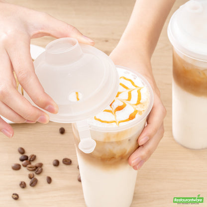 Wholesale Restaurantware Bev Tek Clear Plastic 2-in-1 Straw or Sippy Cup Lid - with Two Plugs, Fits 12, 16 and 24 Oz- Bulk
