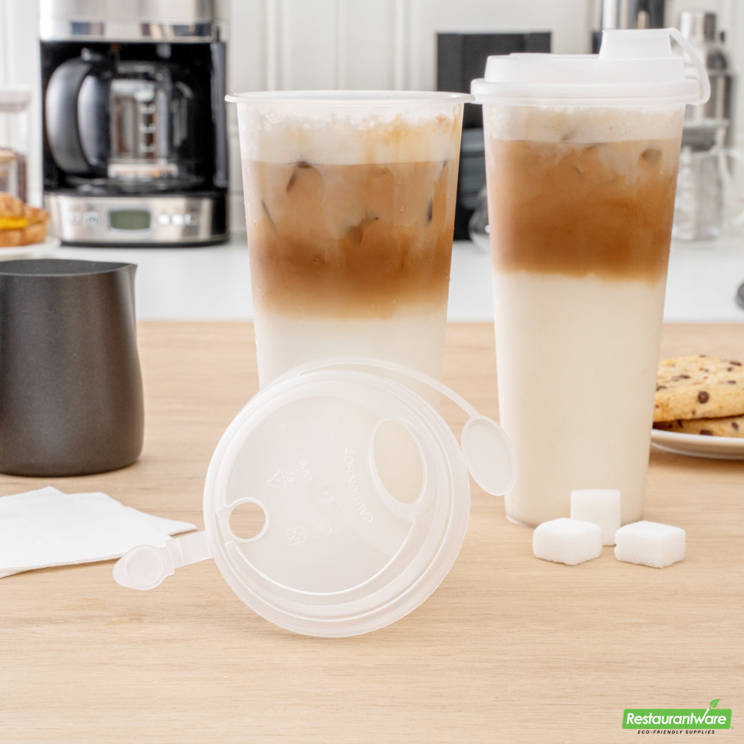 Wholesale Restaurantware Bev Tek Clear Plastic 2-in-1 Straw or Sippy Cup Lid - with Two Plugs, Fits 12, 16 and 24 Oz- Bulk