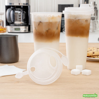 Wholesale Restaurantware Bev Tek Clear Plastic 2-in-1 Straw or Sippy Cup Lid - with Two Plugs, Fits 12, 16 and 24 Oz- Bulk
