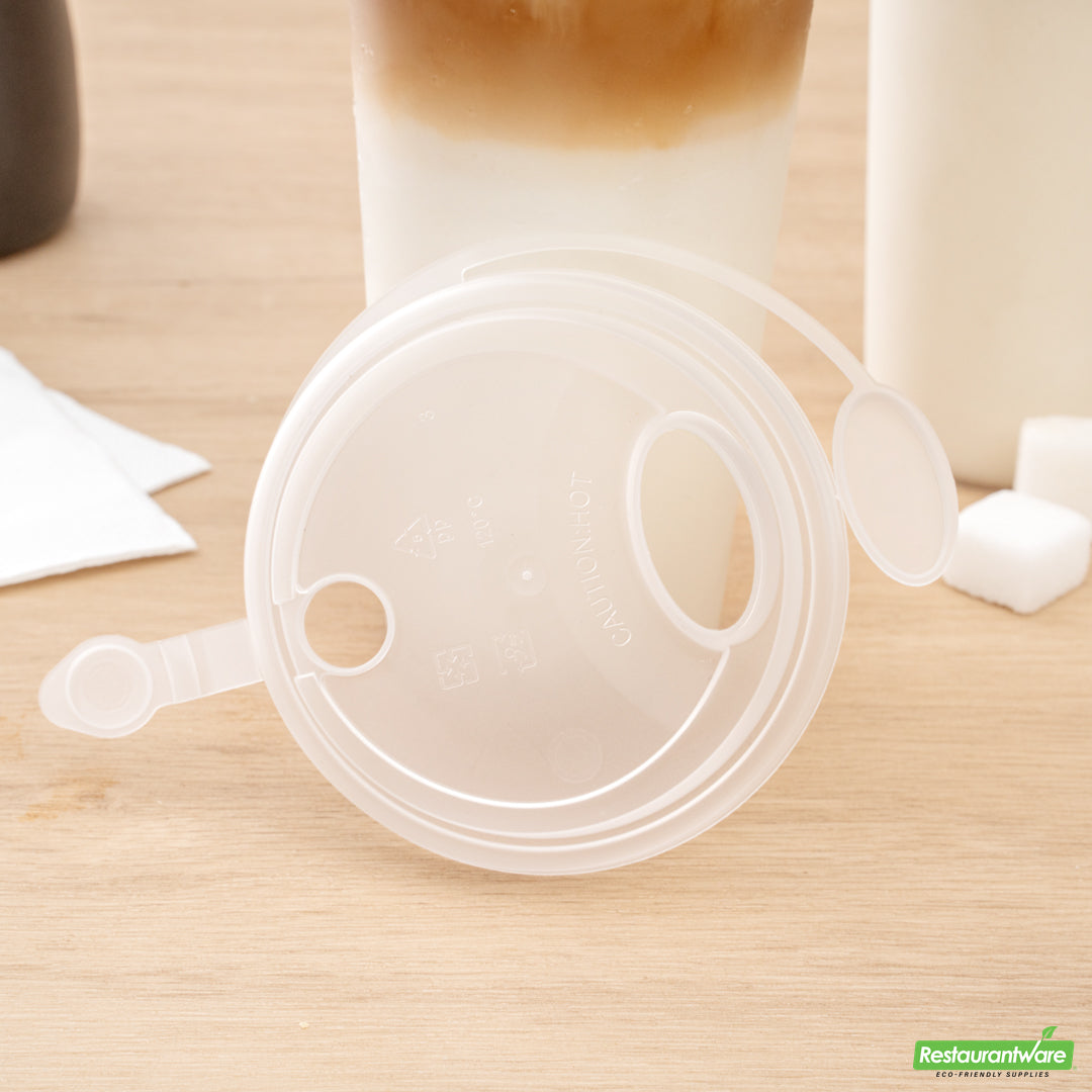 Wholesale Restaurantware Bev Tek Clear Plastic 2-in-1 Straw or Sippy Cup Lid - with Two Plugs, Fits 12, 16 and 24 Oz- Bulk
