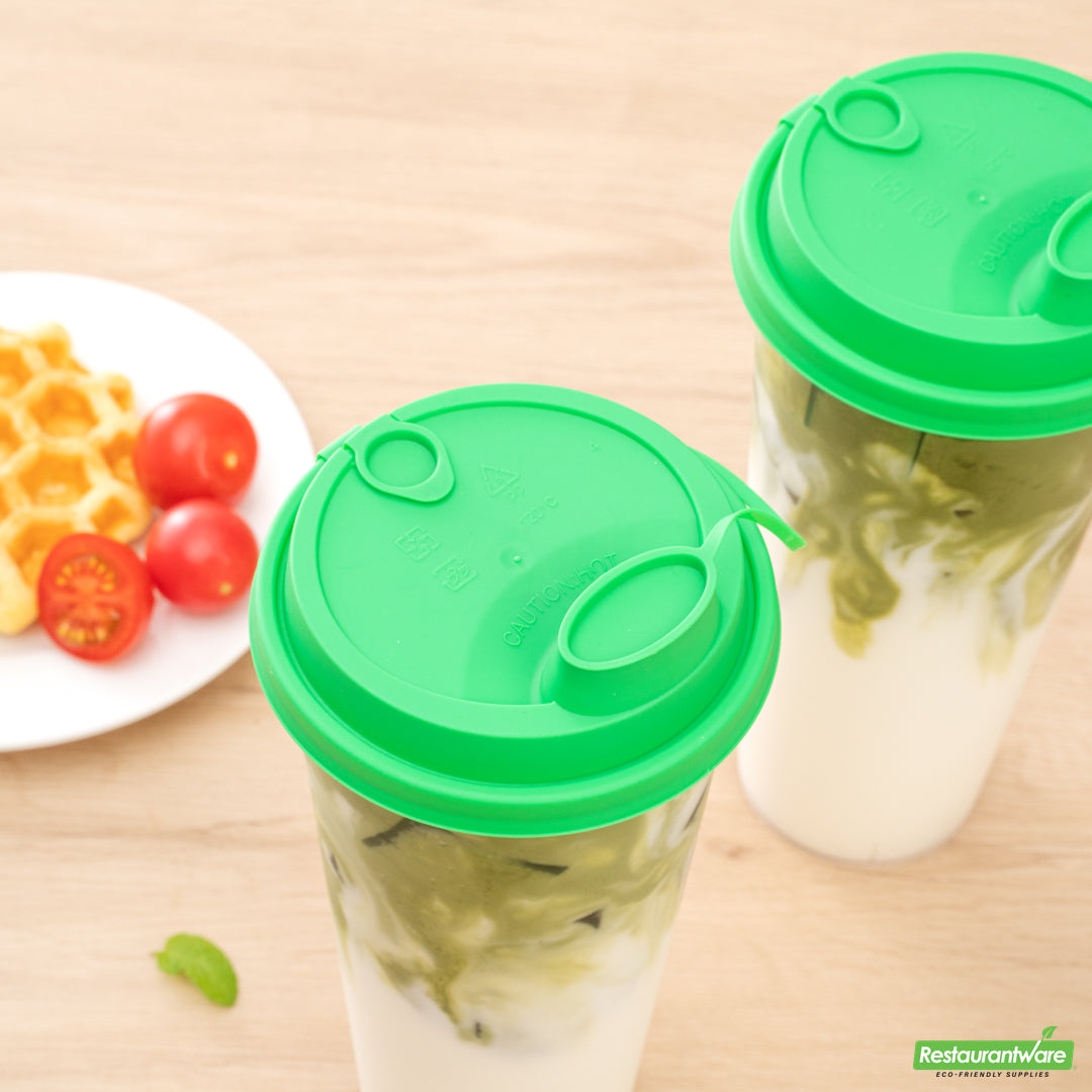 Wholesale Restaurantware Bev Tek Green Plastic 2-in-1 Straw or Sippy Cup Lid - with Two Plugs, Fits 12, 16 and 24 Oz- Bulk
