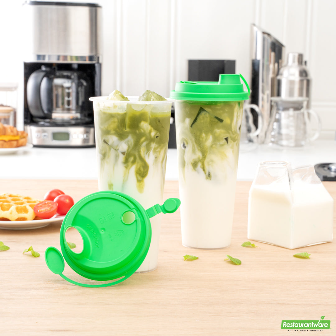 Wholesale Restaurantware Bev Tek Green Plastic 2-in-1 Straw or Sippy Cup Lid - with Two Plugs, Fits 12, 16 and 24 Oz- Bulk