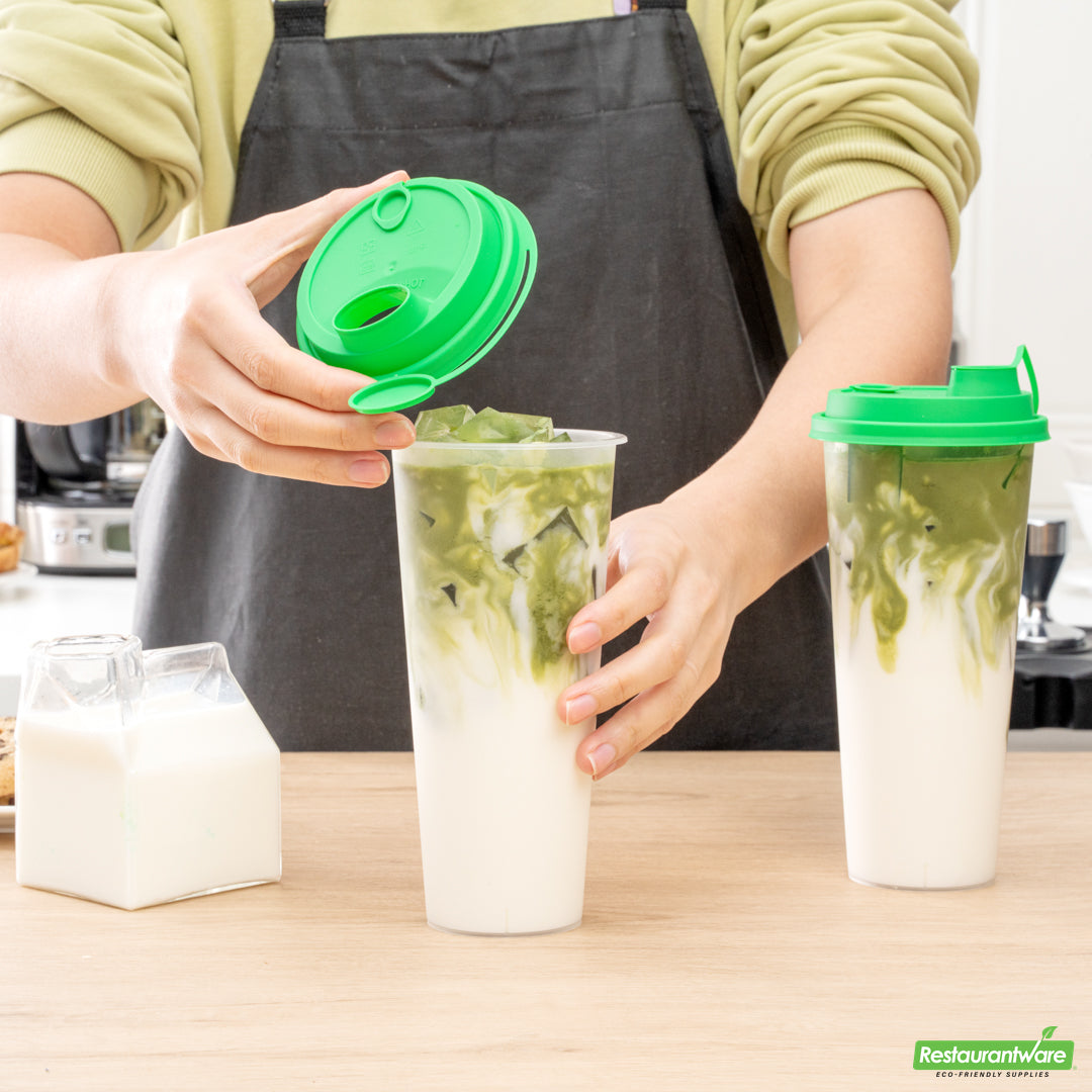 Wholesale Restaurantware Bev Tek Green Plastic 2-in-1 Straw or Sippy Cup Lid - with Two Plugs, Fits 12, 16 and 24 Oz- Bulk