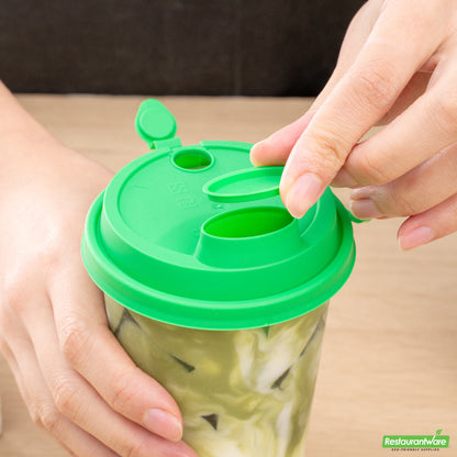 Wholesale Restaurantware Bev Tek Green Plastic 2-in-1 Straw or Sippy Cup Lid - with Two Plugs, Fits 12, 16 and 24 Oz- Bulk