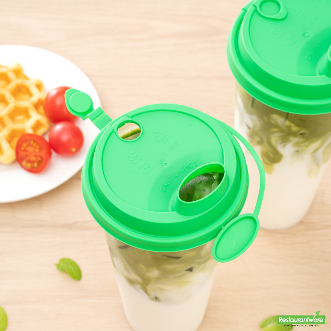 Wholesale Restaurantware Bev Tek Green Plastic 2-in-1 Straw or Sippy Cup Lid - with Two Plugs, Fits 12, 16 and 24 Oz- Bulk