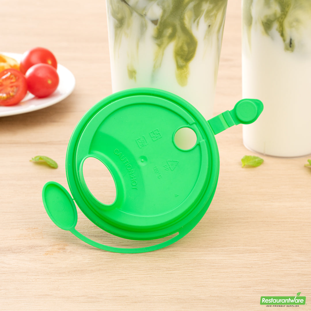 Wholesale Restaurantware Bev Tek Green Plastic 2-in-1 Straw or Sippy Cup Lid - with Two Plugs, Fits 12, 16 and 24 Oz- Bulk