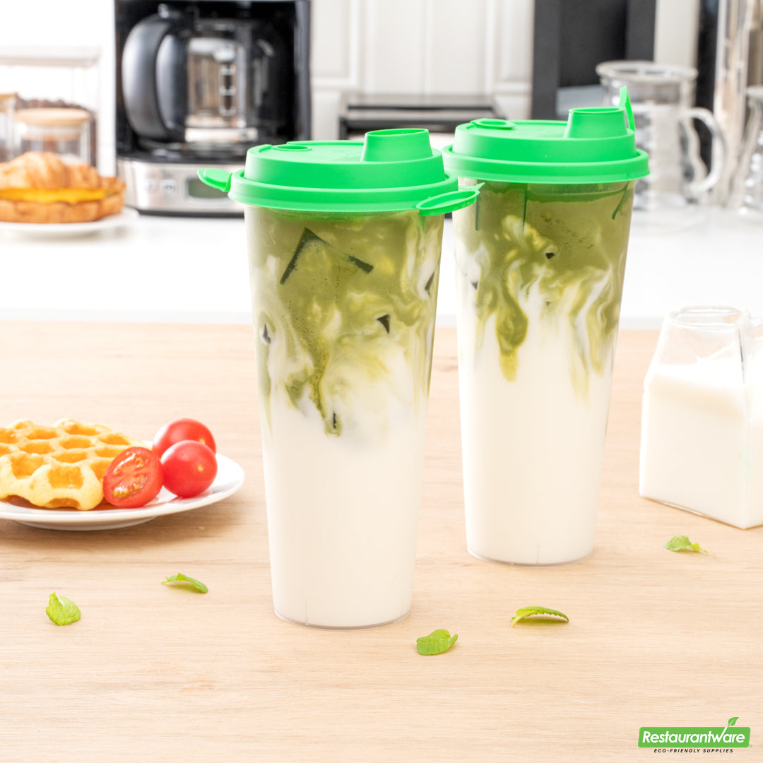 Wholesale Restaurantware Bev Tek Green Plastic 2-in-1 Straw or Sippy Cup Lid - with Two Plugs, Fits 12, 16 and 24 Oz- Bulk