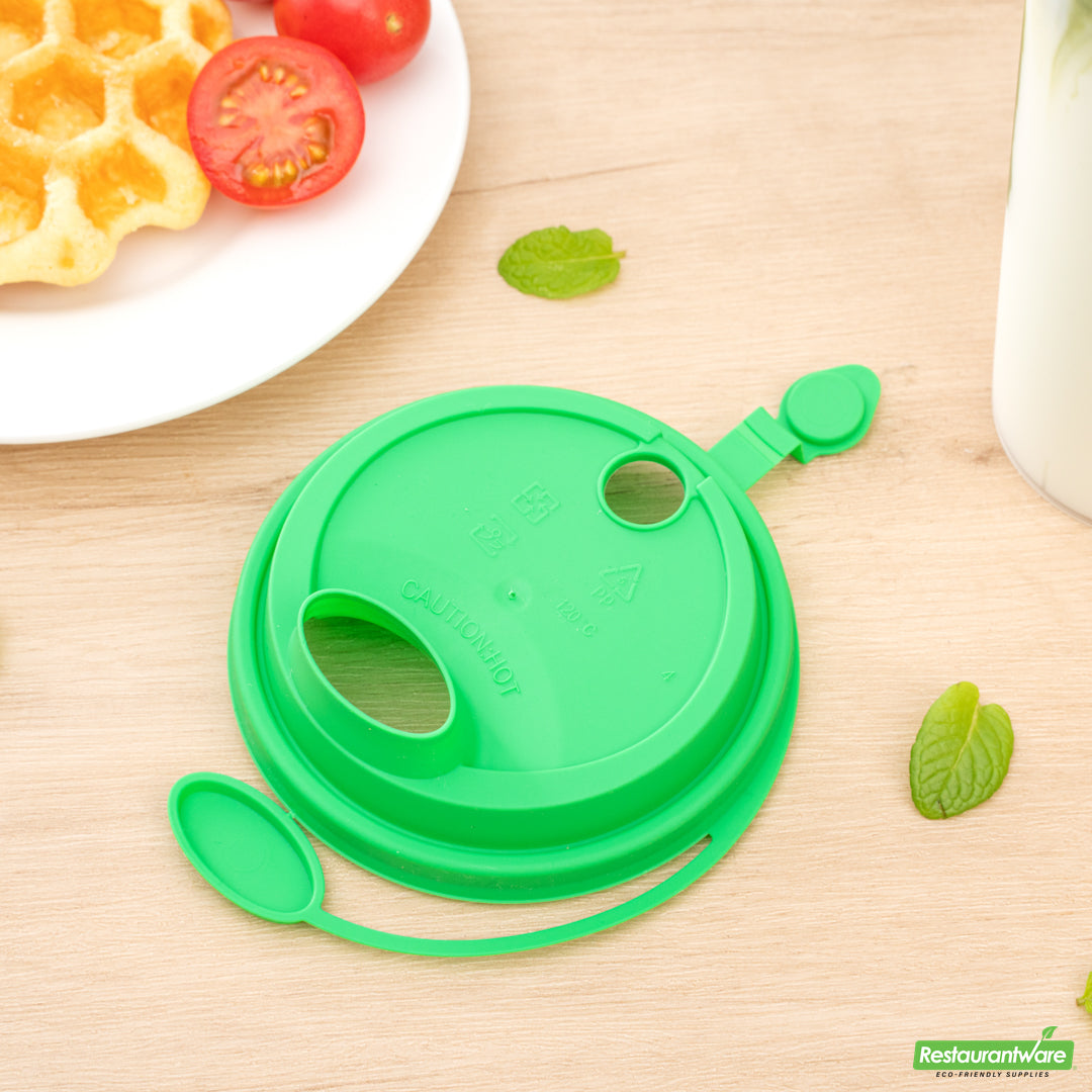 Wholesale Restaurantware Bev Tek Green Plastic 2-in-1 Straw or Sippy Cup Lid - with Two Plugs, Fits 12, 16 and 24 Oz- Bulk
