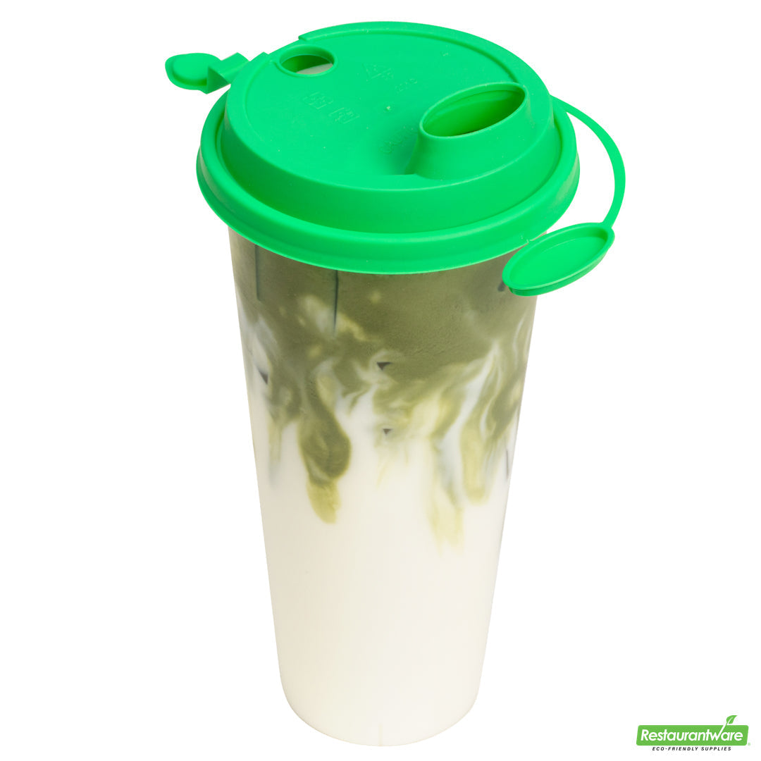 Wholesale Restaurantware Bev Tek Green Plastic 2-in-1 Straw or Sippy Cup Lid - with Two Plugs, Fits 12, 16 and 24 Oz- Bulk