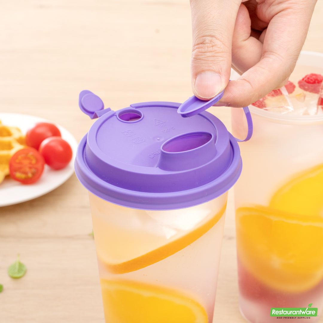 Wholesale Restaurantware Bev Tek Purple Plastic 2-in-1 Straw or Sippy Cup Lid - with Two Plugs, Fits 12, 16 and 24 Oz- Bulk