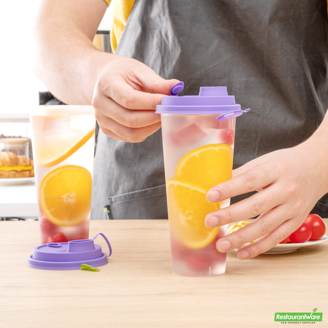 Wholesale Restaurantware Bev Tek Purple Plastic 2-in-1 Straw or Sippy Cup Lid - with Two Plugs, Fits 12, 16 and 24 Oz- Bulk