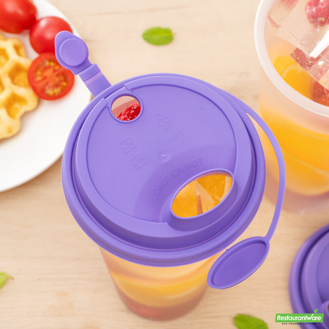 Wholesale Restaurantware Bev Tek Purple Plastic 2-in-1 Straw or Sippy Cup Lid - with Two Plugs, Fits 12, 16 and 24 Oz- Bulk