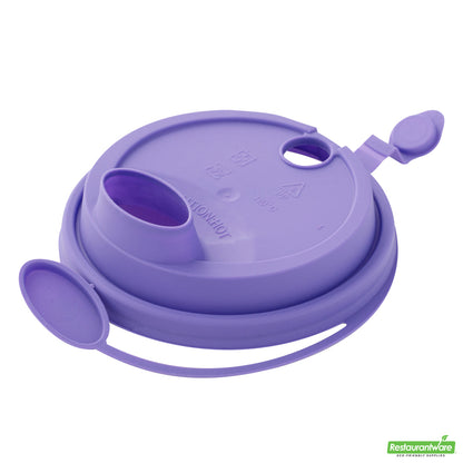 Wholesale Restaurantware Bev Tek Purple Plastic 2-in-1 Straw or Sippy Cup Lid - with Two Plugs, Fits 12, 16 and 24 Oz- Bulk