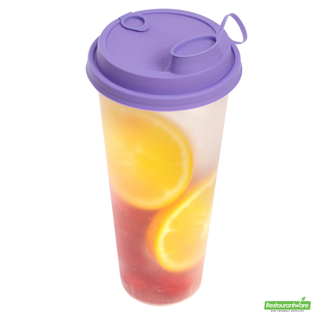 Wholesale Restaurantware Bev Tek Purple Plastic 2-in-1 Straw or Sippy Cup Lid - with Two Plugs, Fits 12, 16 and 24 Oz- Bulk