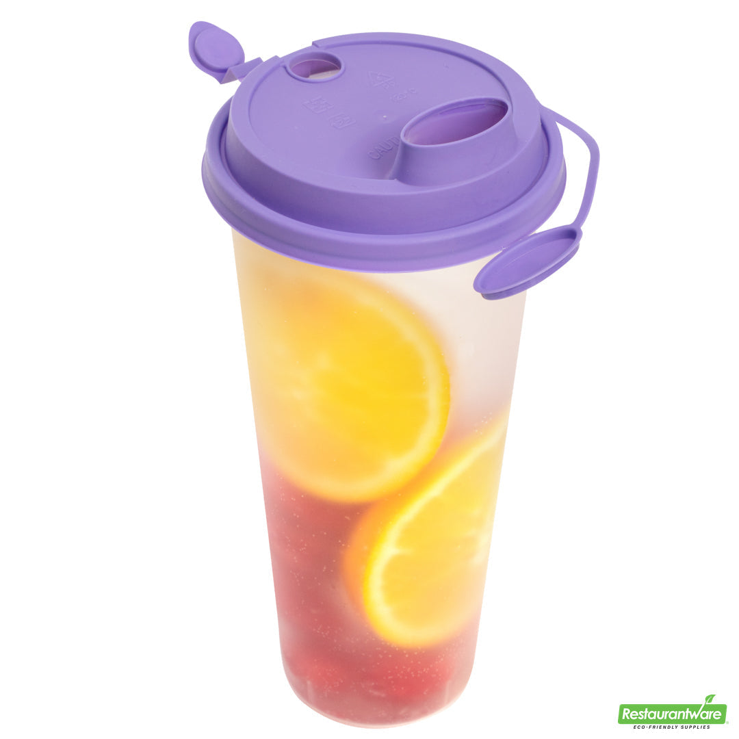 Wholesale Restaurantware Bev Tek Purple Plastic 2-in-1 Straw or Sippy Cup Lid - with Two Plugs, Fits 12, 16 and 24 Oz- Bulk