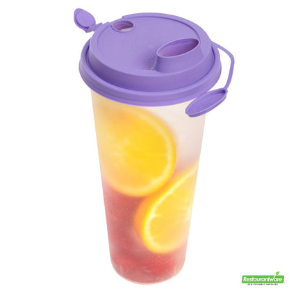Wholesale Restaurantware Bev Tek Purple Plastic 2-in-1 Straw or Sippy Cup Lid - with Two Plugs, Fits 12, 16 and 24 Oz- Bulk