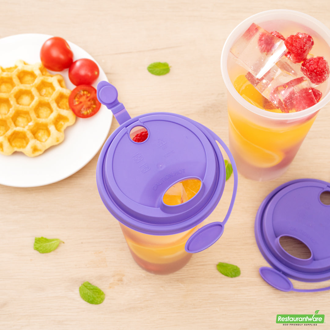 Wholesale Restaurantware Bev Tek Purple Plastic 2-in-1 Straw or Sippy Cup Lid - with Two Plugs, Fits 12, 16 and 24 Oz- Bulk