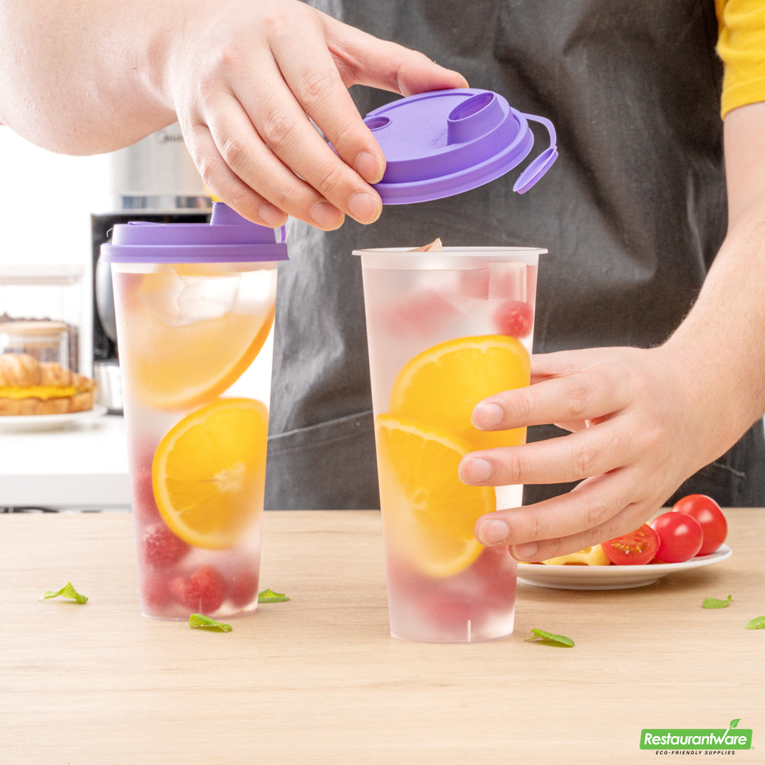 Wholesale Restaurantware Bev Tek Purple Plastic 2-in-1 Straw or Sippy Cup Lid - with Two Plugs, Fits 12, 16 and 24 Oz- Bulk