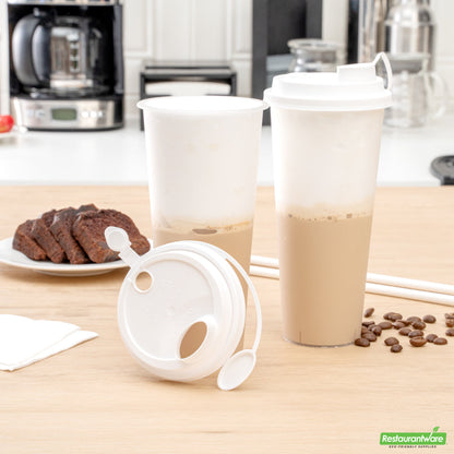 Wholesale Restaurantware Bev Tek White Plastic 2-in-1 Straw or Sippy Cup Lid - with Two Plugs, Fits 12, 16 and 24 Oz- Bulk